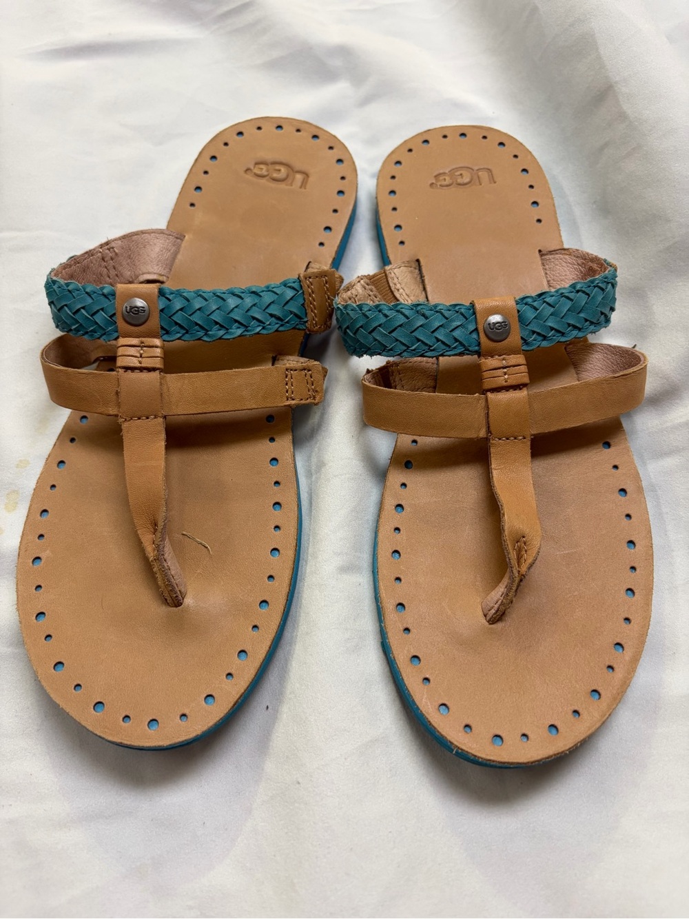 UGG Women's Teal and Tan Leather Strap Sandals